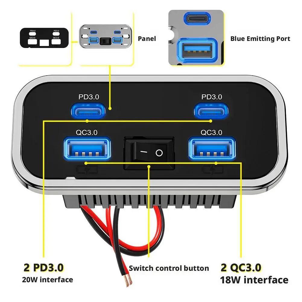 Car Charger Dual USB Type-C 4 Ports Quick Charging Socket QC3.0+PD3.0 Power Adapter For SUV RV Camping Bus Marine