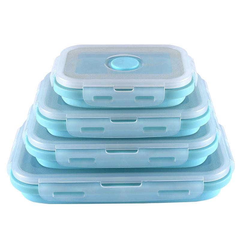 Outdoor silicone foldable lunch box, microwave lunch box, food preservation lunch box, plastic lunch box, refrigerator storage box set Mini Square-Blue