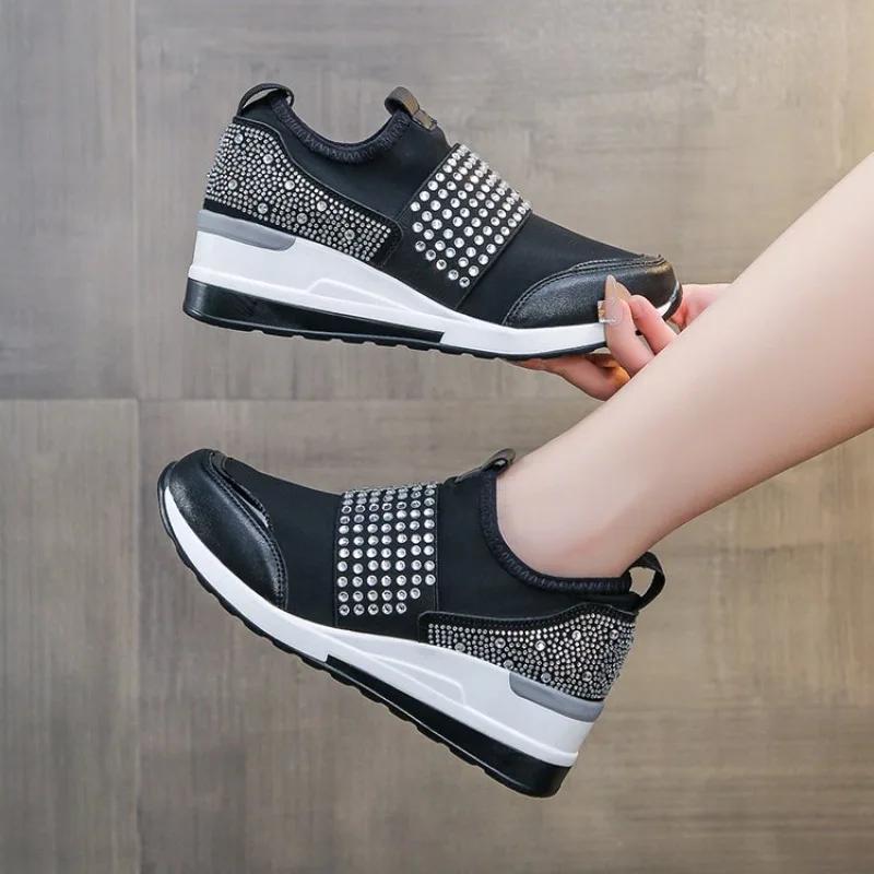 Damen Luxus Strass Casual Sneakers Weibliche Schnürung Keil Sport Vulkanisierte Schuhe Damen Designer Tennis Plateauschuhe
