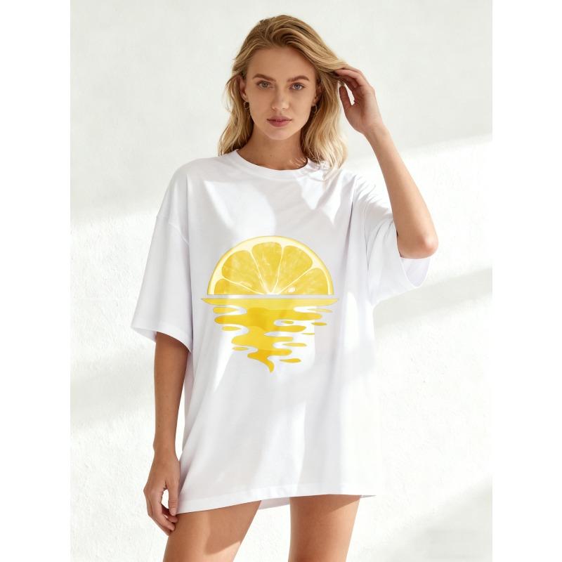 Black Oversized T Shirt Lemon Slice Water Reflection Print Summer Casual Wear