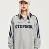American Retro Collegiate Waffle Polo Neck Sweatshirt Women's Loose Casual Couple Wear Striped Raglan Sleeve Top