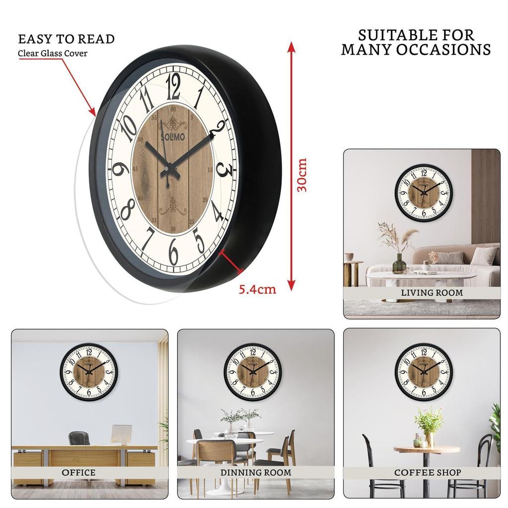 12-inch Plastic & Glass Wall Clock - Clique Clock (Silent Movement), Black
