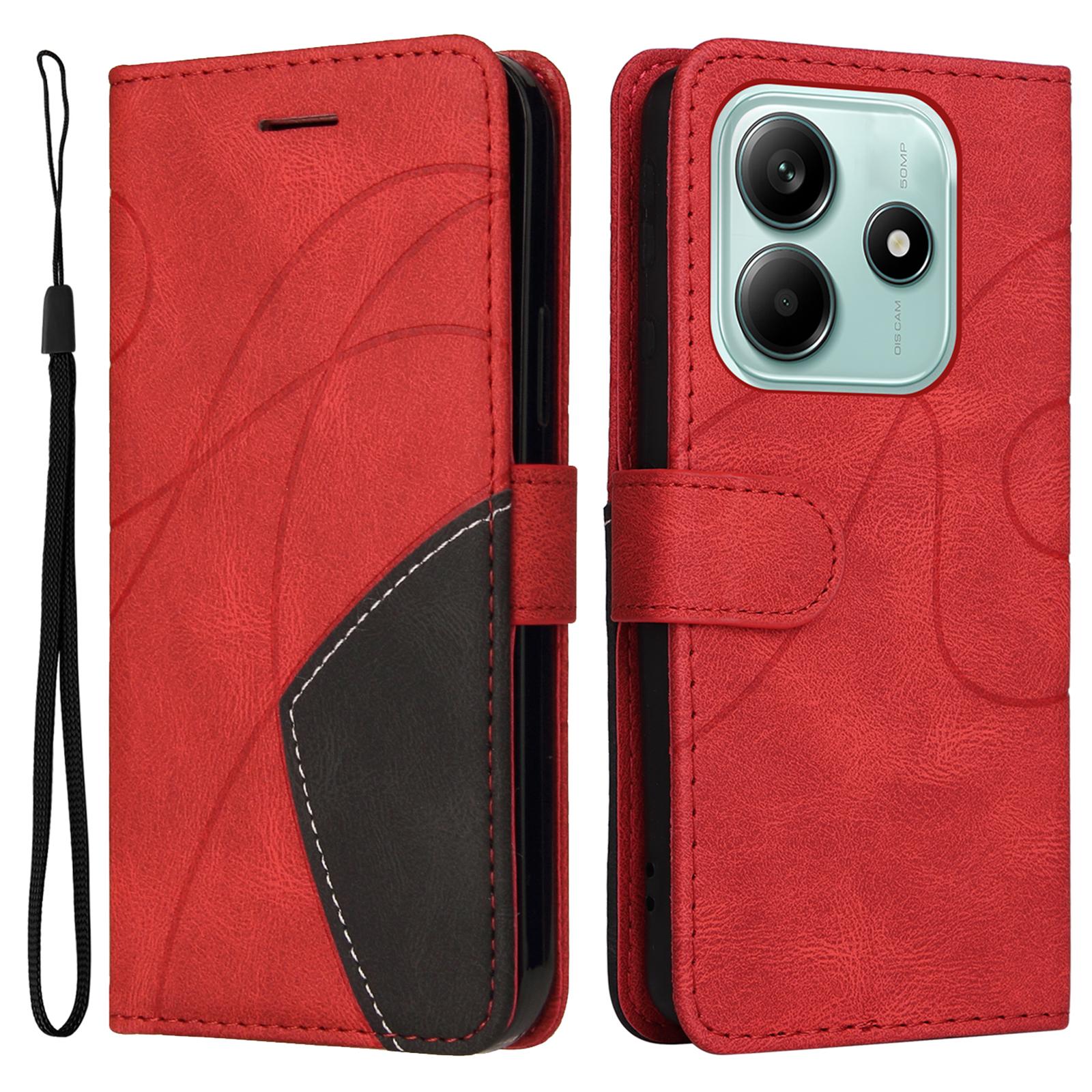 

For Xiaomi Redmi Note 14 5G Leather Case Wallet Stand Color Splicing Phone Cover Red