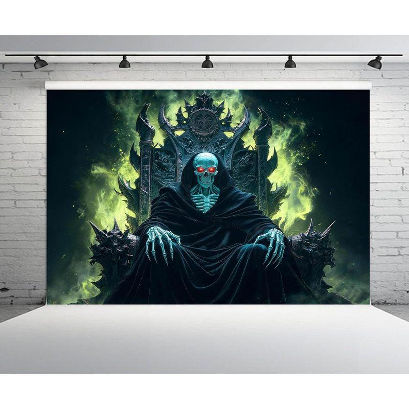 1pc,2Dflat, , Dark Skeleton Throne, Green Smoke Dreamy Background, Gothic Horror Decoration, Halloween Party Photography, wsj