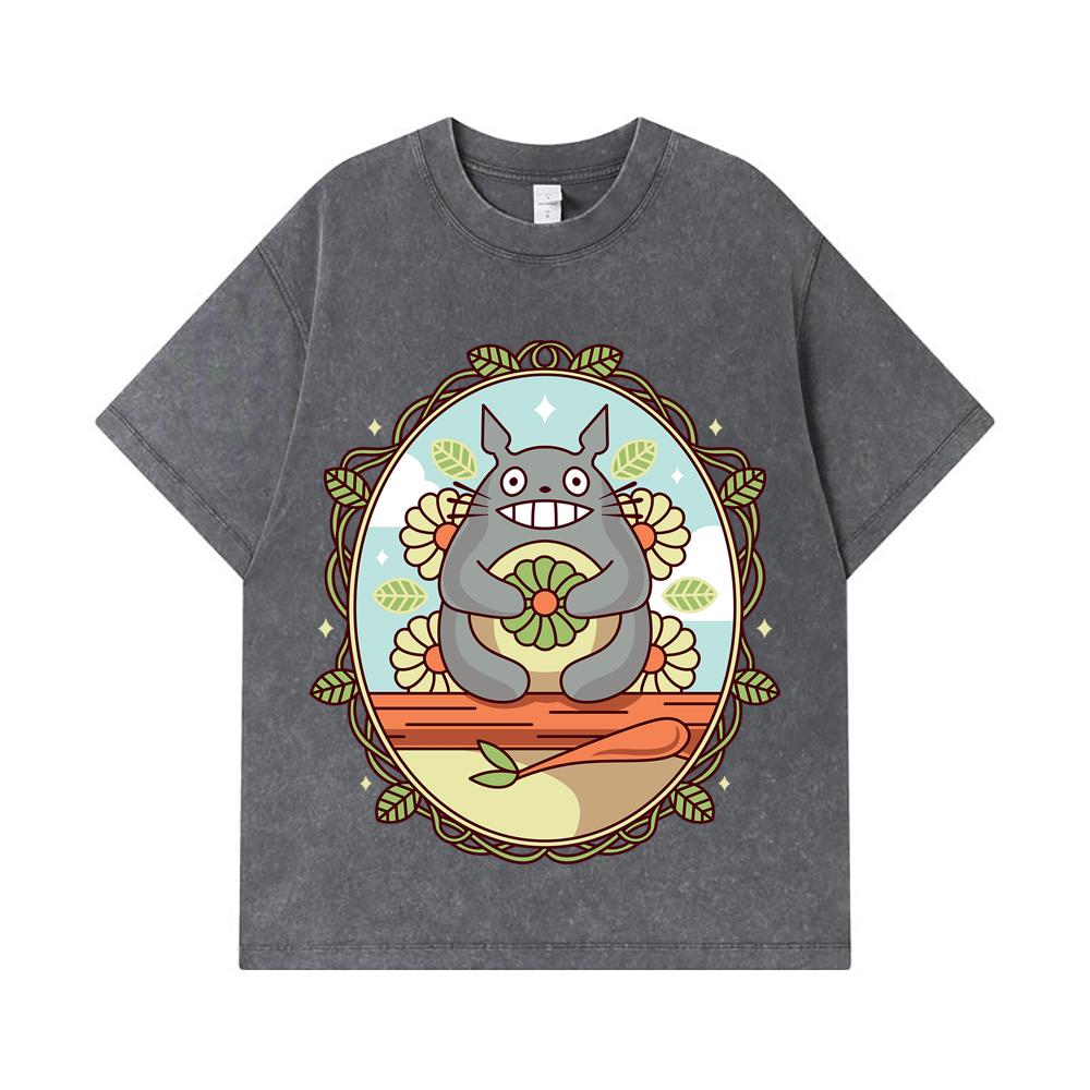 275 GSM Washed T-shirts 100% Cotton Ghibli V6 Totoro Print Unisex Heavy Cotton T Shirt