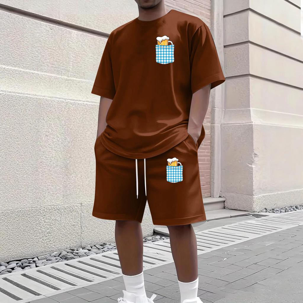 Herren Casual Kurzarm T-Shirt und Shorts Set Rundhalsausschnitt Oberteil und Bund mit Kordelzug Unterteil mit Taschen detail Geeignet für den täglichen Gebrauch