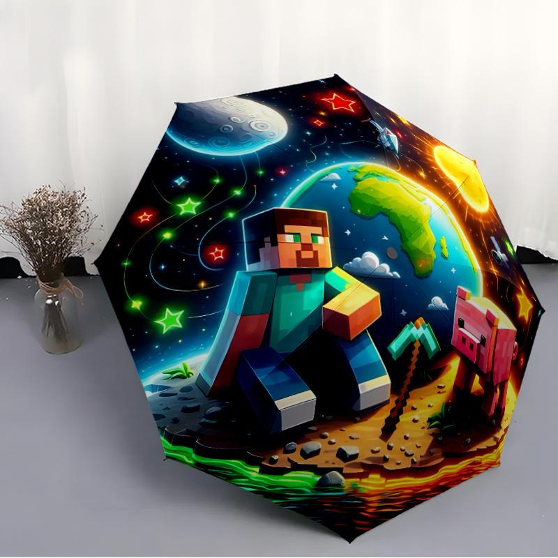 Printed Blocky Pixel Game Folding Umbrella,Outdoor,Leisure,And Travel Umbrella,Durable Umbrella Fabric,Birthday And Holiday Gift