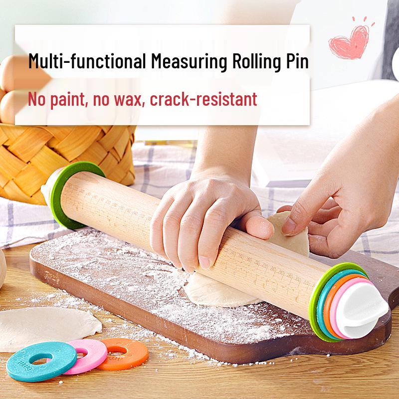 Adjustable Beech Wood Rolling Pin with Thickness Scale – Non-Stick Dough Kneading Baking Tool