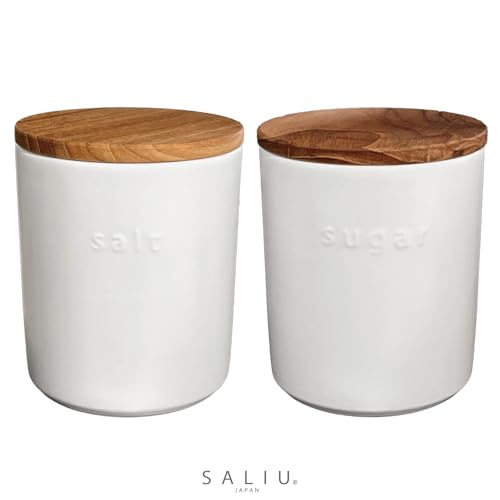 LOLO | Greige/Asche Vorratsdose | 500ml | Keramikdose | Hergestellt in Japan | Teak Konvex | Salz- und Zuckerdosen-Set (Weißes Set)