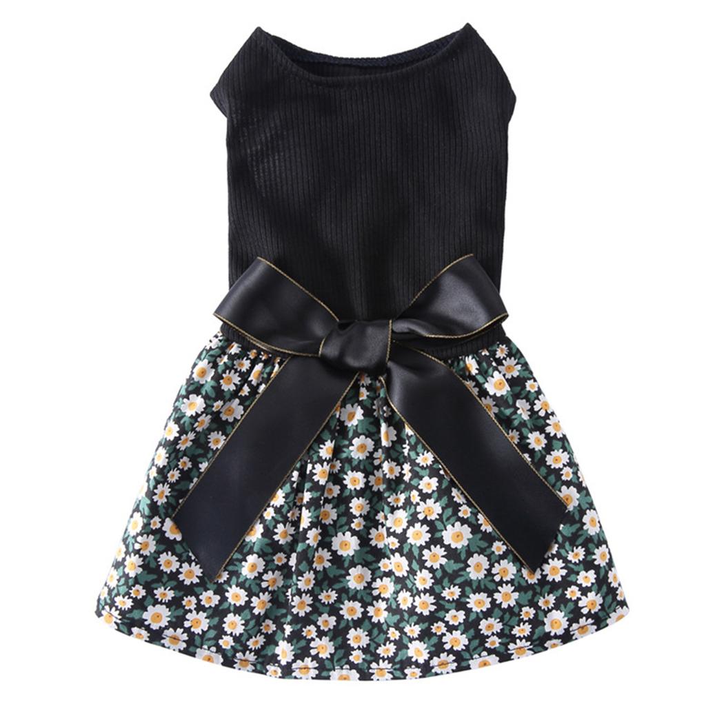 Dog Floral Dress Cute Back Bow Fashionable Spring Summer Pet Princess Dress for Small Dogs and Cats Black