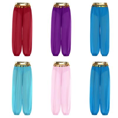 Girl Belly Dance Costume Shiny Sequin Tassels Elastic Leg Opening Side Invisible Zipper Pants