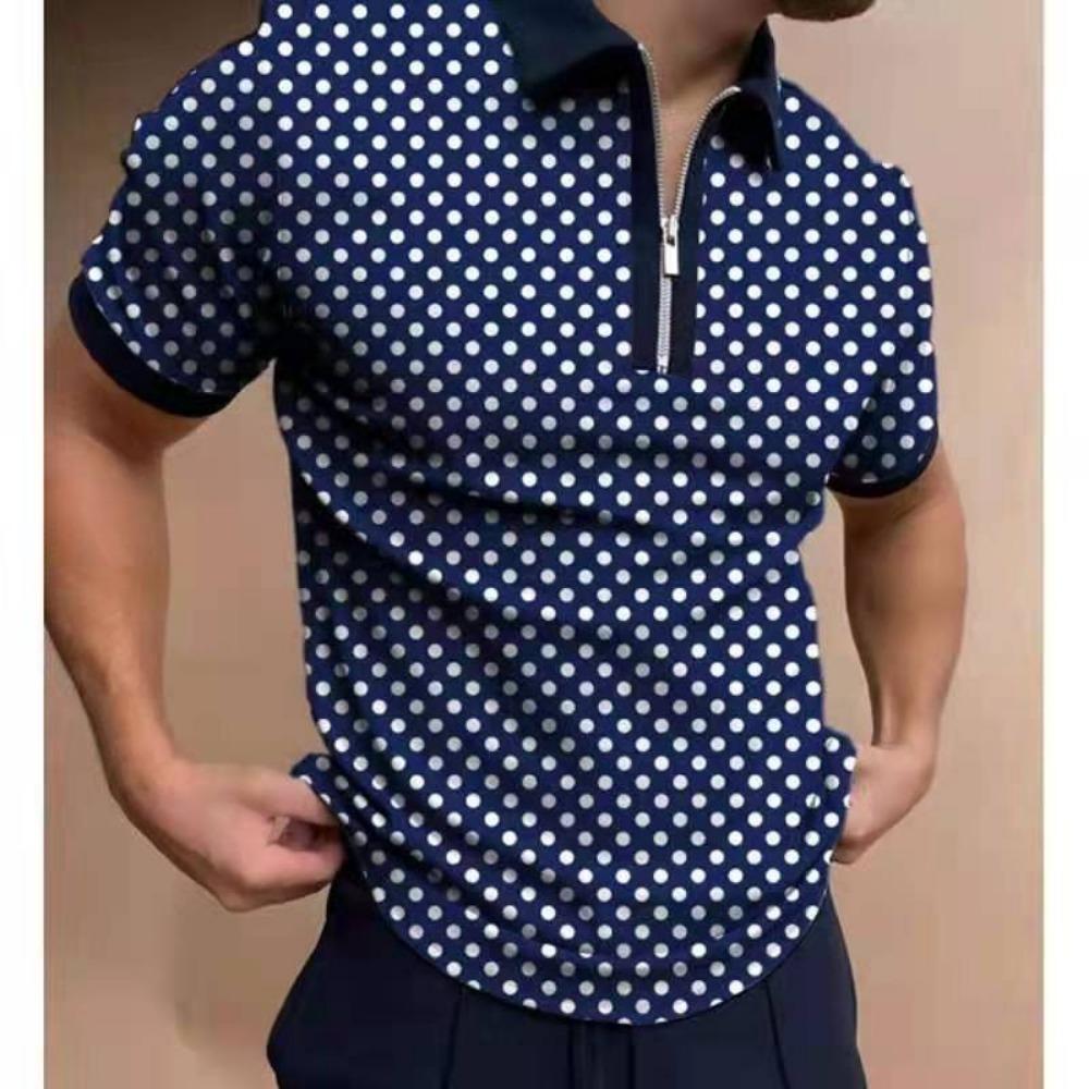 Summer Men's Casual Fashion Zipper Polos Digital Printed Stripe Plaid Pattern Mens Polo Shirts with Short Sleeve Men Clothing