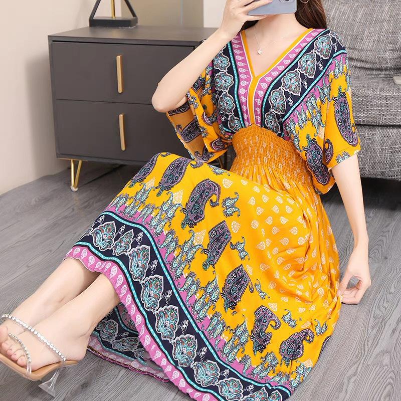 Ethnic Style V-neck Cotton and Silk Short-sleeved Beach Dress Thailand Travel Dress Summer Print Vacation Floral Skirt