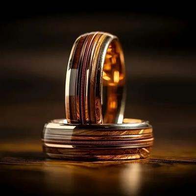 Coffee Color Rose Golden Ring Guitar String Stainless Steel Ring Inlaid Whiskey Barrel Wood Grain Ring for Men Engagement