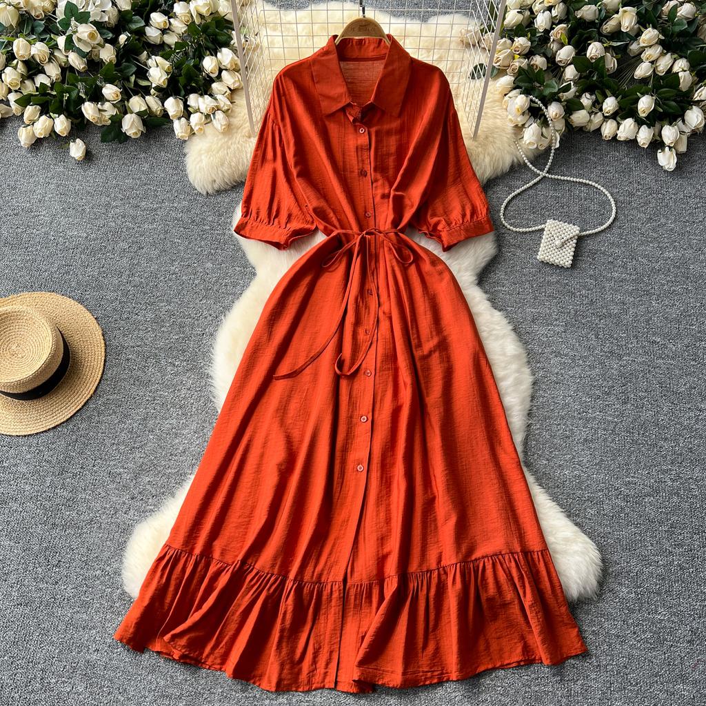 Sexy Chic Polo-Neck Single Breasted Ruffle Dress Elegant Korean Fashion Slim Summer Vintage Sweet Dresses