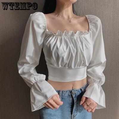 Women Black White Long Puff Sleeve Slim Cropped Tops Summer Solid Square Collar Chiffon Elegant Ins Blouses