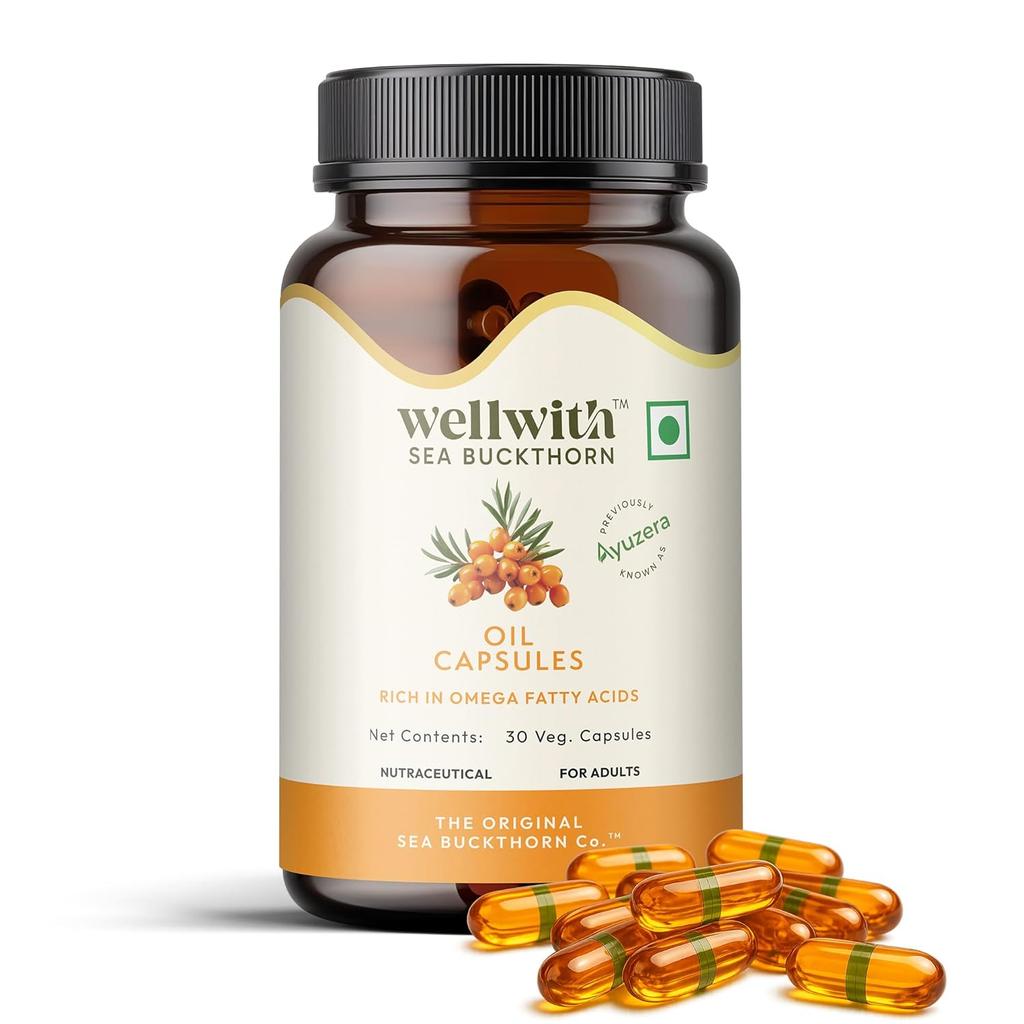Olio di Bacche di Olivello Spinoso Wellwith 500mg Vegano Omega 7 30 Capsule Vegetali Per Idratazione Naturale della Pelle e Supporto alla Salute del Cuore