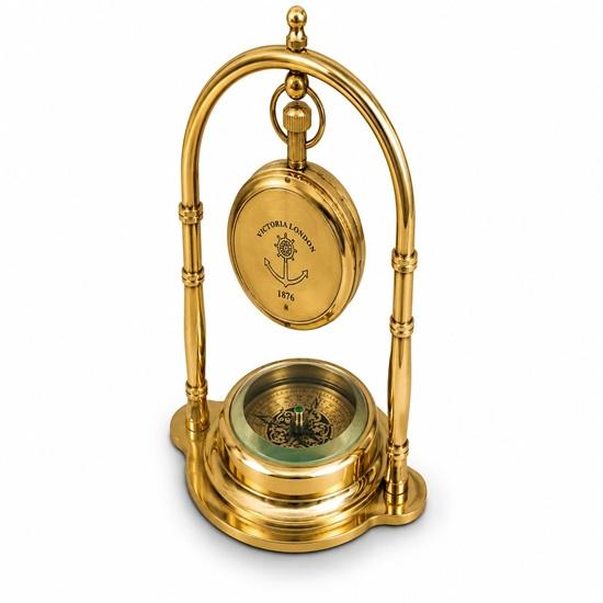 Brass Hanging Pocket Watch Clock with Compass, Nautical Desk Clock, Maritime Table Decor, Antique Style Brass