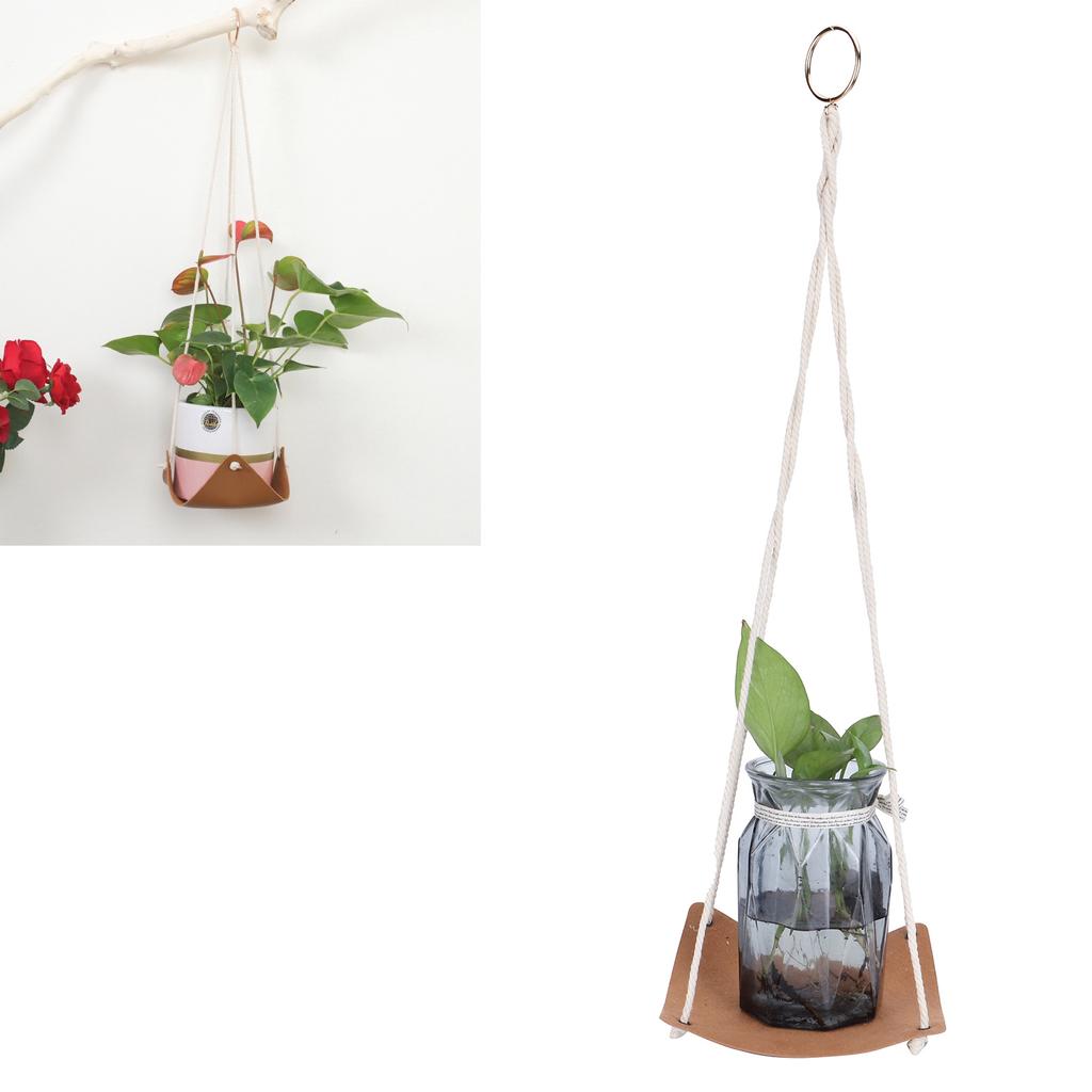 Pflanzenhänger PU-Leder Quadratische Basis Baumwollseil Blumentopf Sukkulenten Hängehalter Gartendeko Braun 20cm