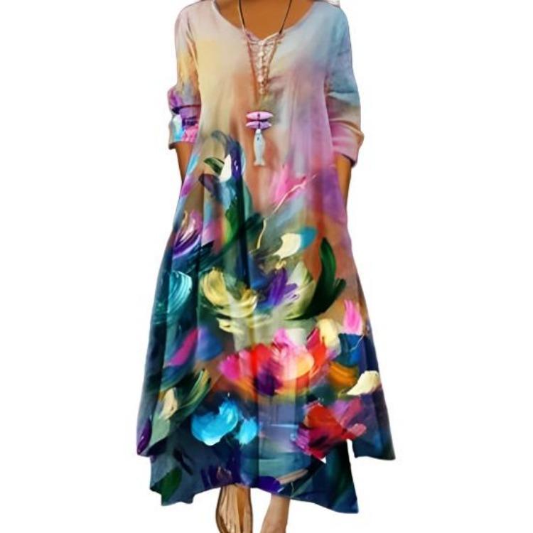 Vintage Floral Print Loose A Line Maxi Dress with Pockets V Neck Layered Hem Spring Fall Daily Work Party Dress
