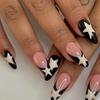 Medium-Long French Milky White Nails with Black Edge and Five-Pointed Star Design