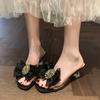 Summer Slippers Women's Square Head Crystal Buckle Lace Butterfly Knot Transparent Strap Non-slip Wear High Heels