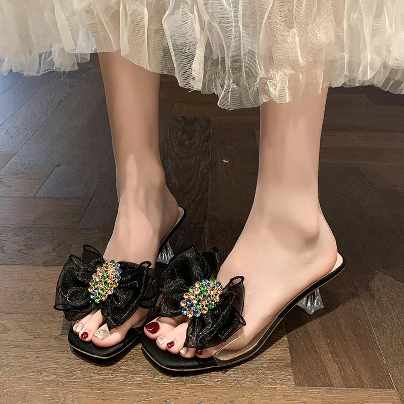 Fashion Summer Slippers Women's Square Head Crystal Buckle Lace Butterfly Knot Transparent Strap Non-slip Wear High Heels