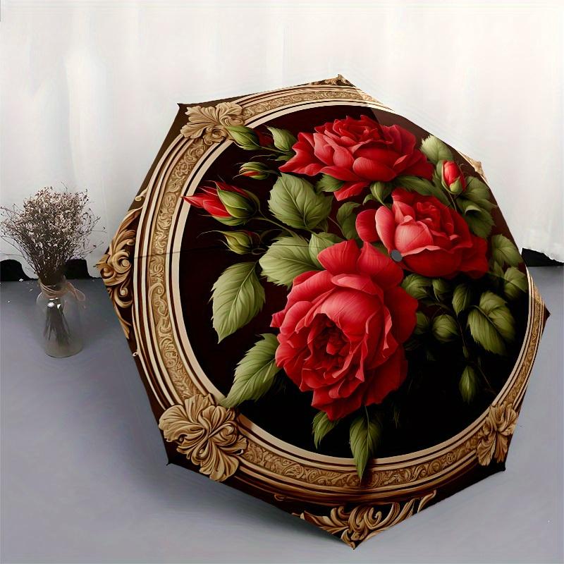 1pc Roses in Ornate Frame Umbrella with Plastic Handle,Suitable for All Seasons Home Travel Outdoor UmbrellaB1649