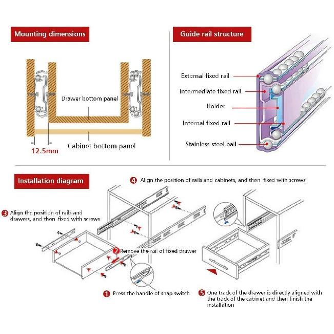 URBEST Drawer Slides 9 Inch Full Extension 3 Sections Ball Bearing Telescopic Slide Rails (9Inch)