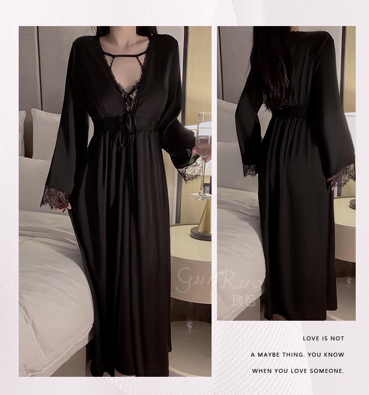 Guiruo Sexy Lace Slimming Nightgown & Outer Robe Set with Bust Pads - Women's Home Wear P4214