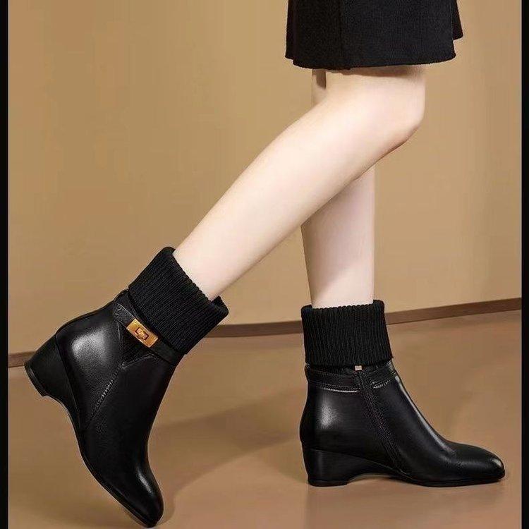 Wedge heel soft leather short boots women's 2025 winter new plush wool mouth medium boots round head casual warm women's boots