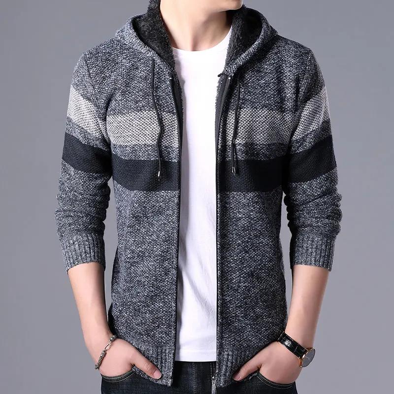 2025 Autumn Winter Men Casual Striped Sweatcoat Men Thick Fleece Warm Sweater Male Casual Stand Collar Zipper Cardigan