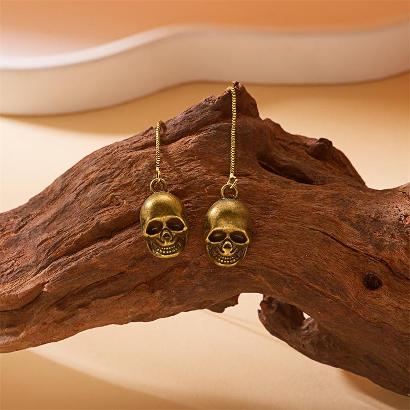 Halloween Silver Skeleton Ear Thread Earrings Spooky Skull Dangle Drop Fashion Gift for Women Girls Costume Party Jewelry
