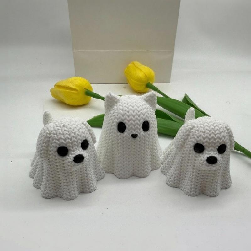 3D Printed Ghost Cat Dog Figurine Halloween Cute Mini Statue Ornament For Home Desktop Party Decoration
