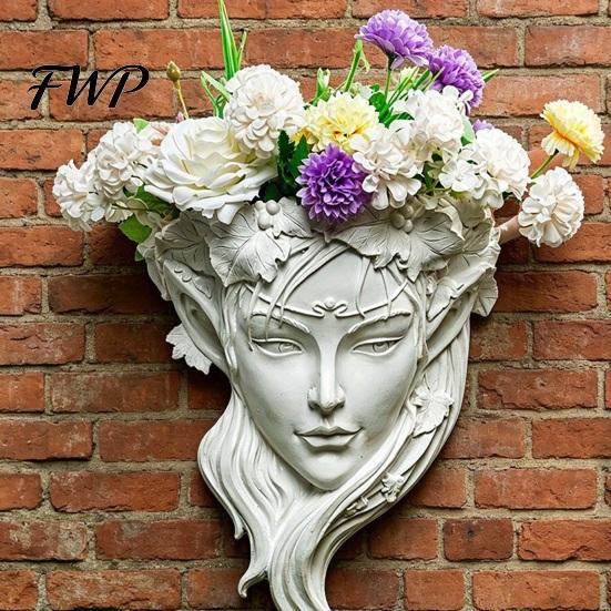 Harz Portrait Relief Skulptur Feen Gesichtsform Wandpflanzer, Mädchen Blumentopf, Wandmontierte Pflanzgefäß Vase für Innen Außen, Kaktus, Kräuter, Luft