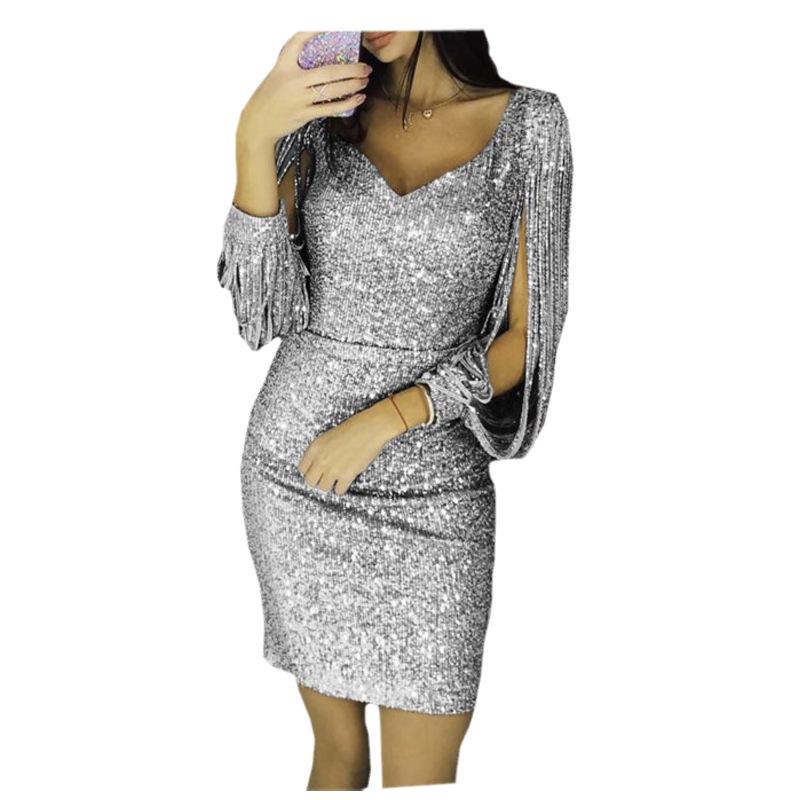 Ladies Elegant Sequins Sexy Vneck Mini Casual Cocktail Party Slim Stylish Dress
