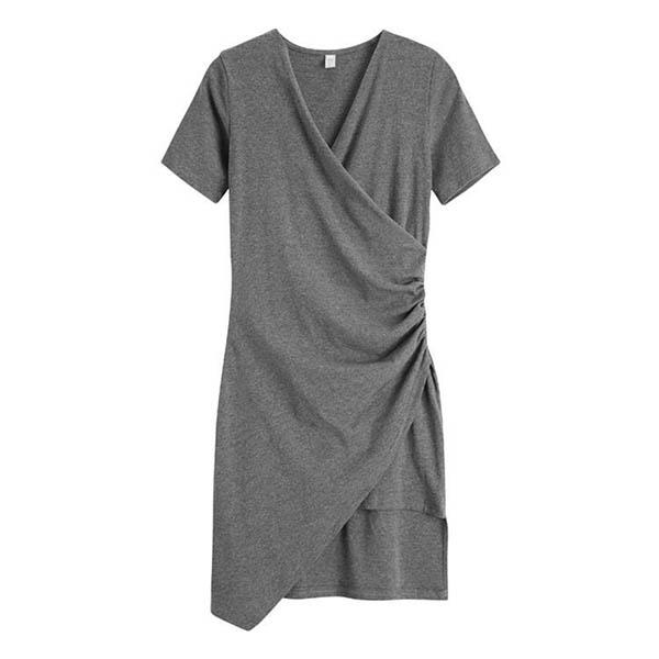 Letní šaty s krátkým rukávem, výstřihem do V, nepravidelné plisované šaty Dámský pocit Čistá touha Styl Přiléhavé sáčko v pase Boková sukně