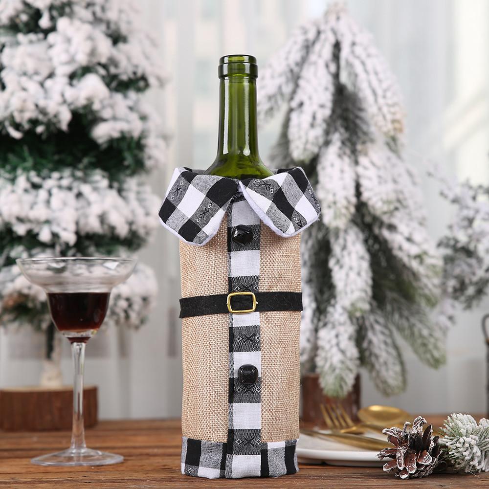 Red Cozy And Black Tartan Wine Bottle Sleeve With Elegant Burlap Bell For Holiday Celebrations