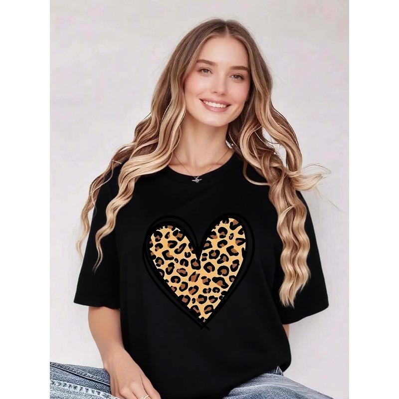 European Size Womens Pure - T-Shirt: Wild Heartbeat: Chic Leopard Print Womens Tee - Fashion