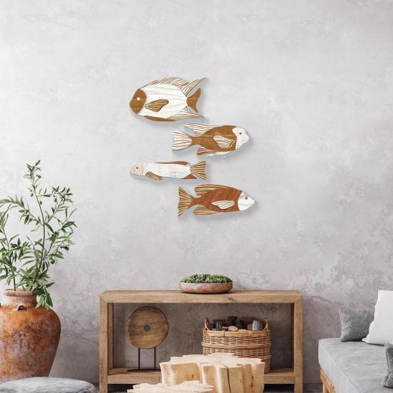 4 Pcs Wooden Fish Wall Decor Nautical Coastal Theme Fish Wall Sculpture Vintage Lake House Ocean Ornaments for Bedroom Bathroom Living Room