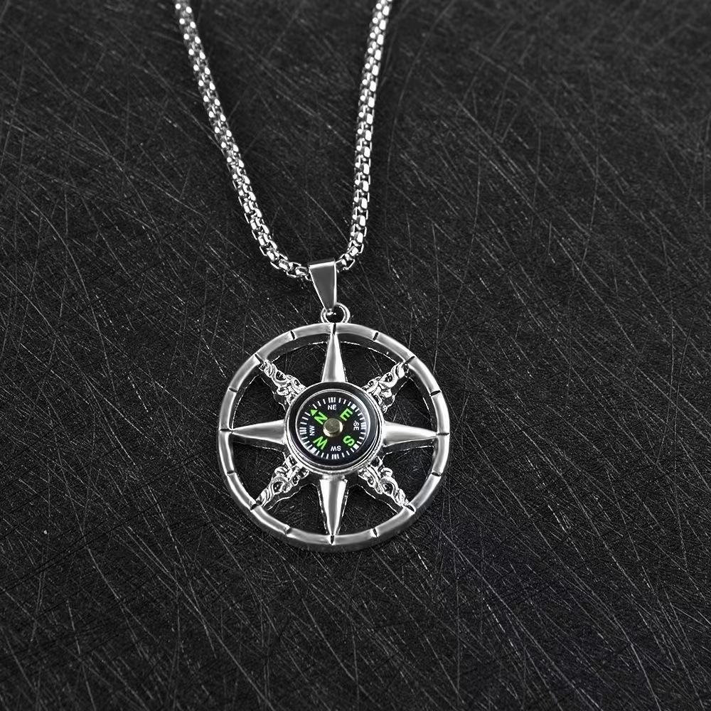 European and American Retro Compass Pendant Titanium Steel Necklace Versatile Fashion Hip-hop Long Sweater