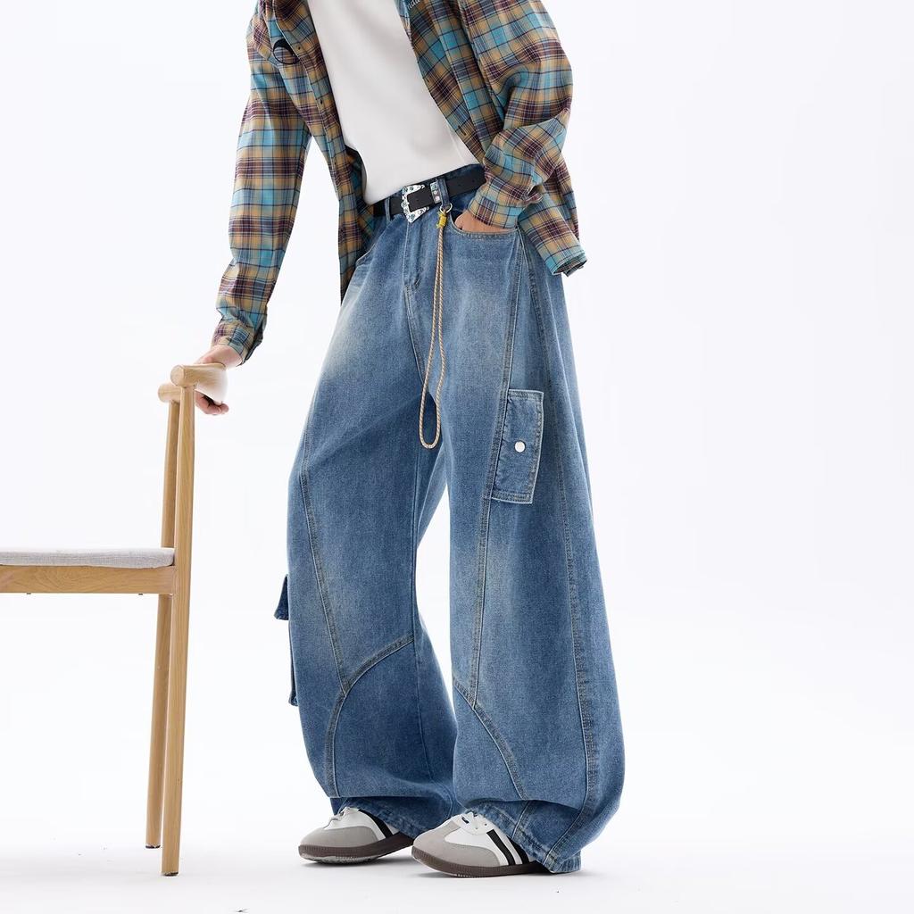 American Retro Scimitar Wide-leg Jeans Men's Autumn Loose Casual Straight-leg Pants Trendy Brand High-end Ruffian Handsome Men's Clothing