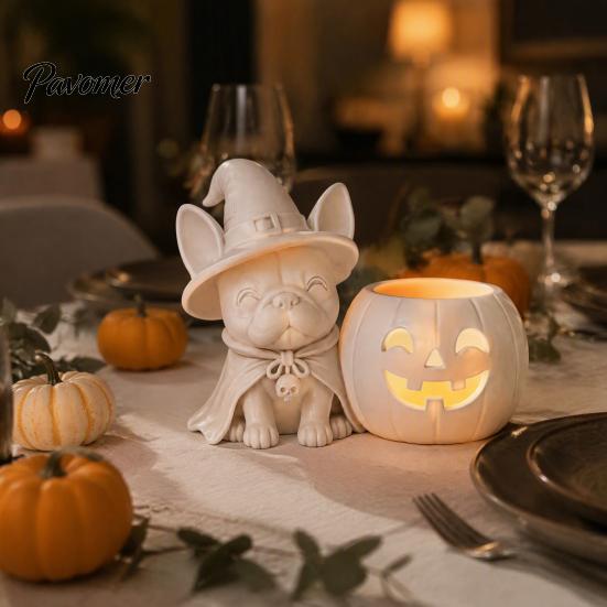 Festive Home Decorations Halloween French Bulldog Witch Statue, 3D Printed Pumpkin Candle Holder, Party Table Decor Cute Dog Figurine Tabletop