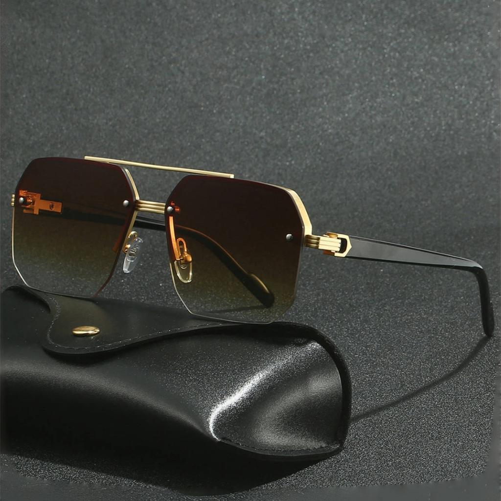 Metal Double Beam Square Sunglasses Men Half Frame Pilot Fashion Advanced Personality Stylish Eyewear