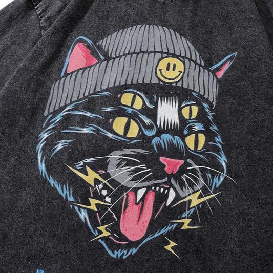 Harajuku Retro Street Spoof Print Old Short-Sleeved T-Shirt Men'S Trend Brand Hip-Hop Washed Five-Quarter Sleeve T-Shirt