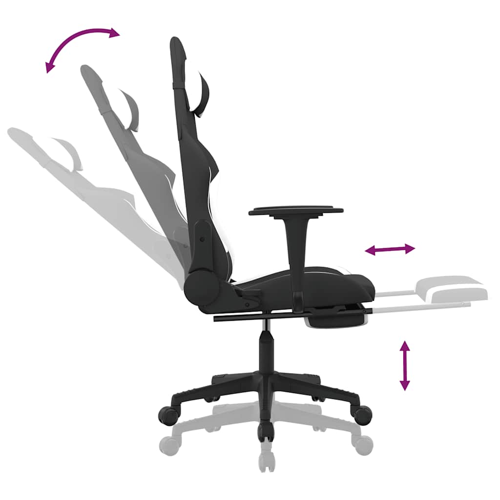 Gaming Chair with Massage Function and Footrest Black and White Fabric