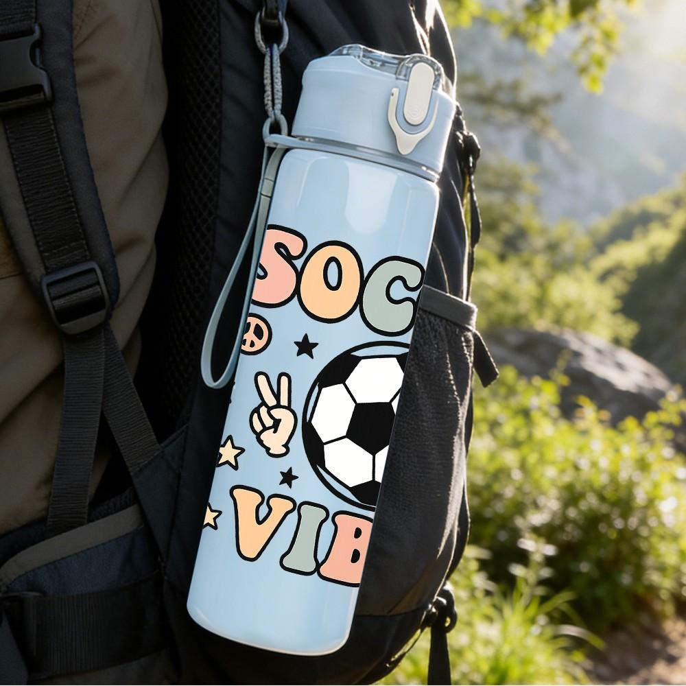 1PC Soccer Vibes Text Art Pattern 750ml Color Plastic Sports Water Bottle Leakproof Flip Straw Lid Suitable for Sports Office Home Use