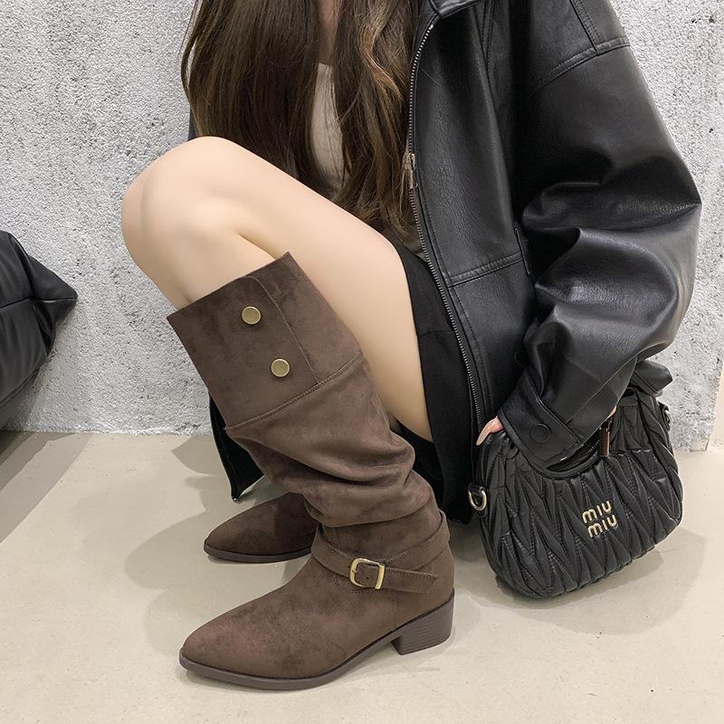 2025 autumn and winter new comfortable versatile stacking boots small long boots pleated belt buckle suede boots