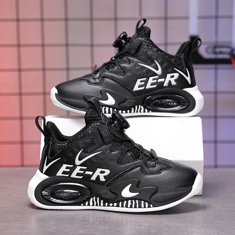 Children's basketball shoes leather surface boys button sports shoes medium and large children's students boys wear-resistant training actual ru