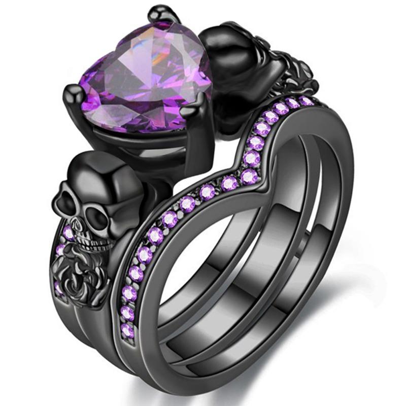 

Gothic Black Rose Flower Skull Engagement Rings Set Red Purple Heart Zircon Crystal Zircon Halloween Gifts 8 червоний